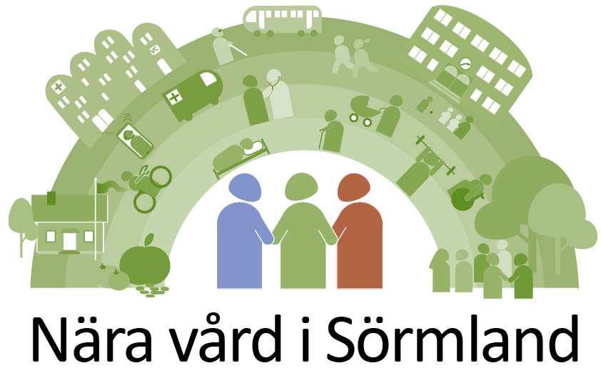 Bild som illustrerar målbilden en båge med symboler för ett hälsosamt liv samt tre gubbar i mitten, en blå, en grön och en röd.