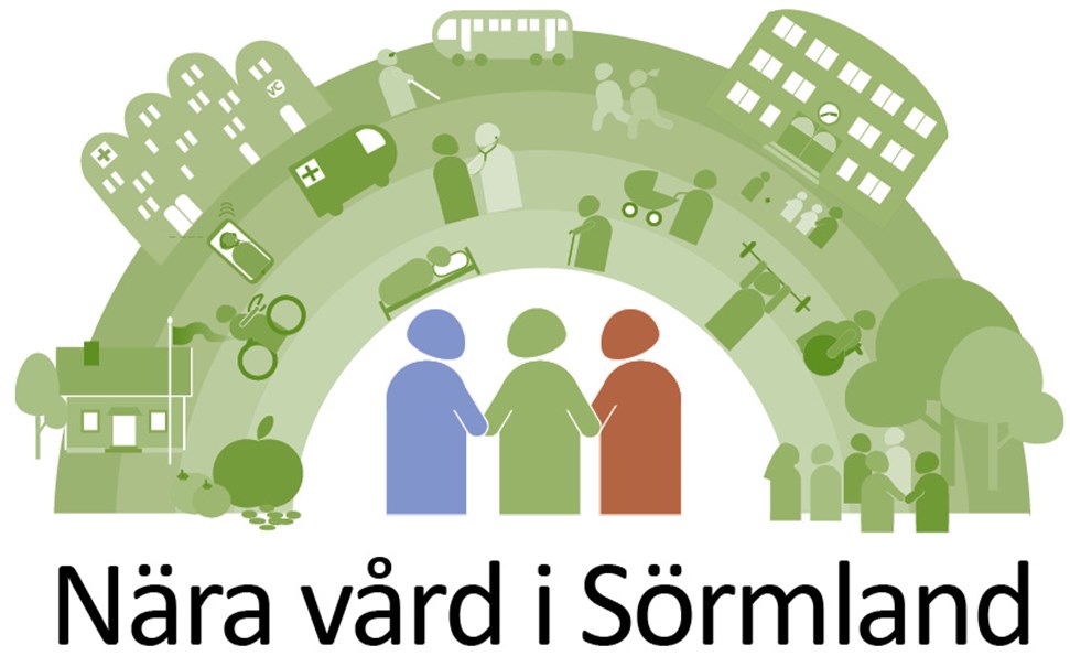Bild som illustrerar målbilden en båge med symboler för ett hälsosamt liv samt tre gubbar i mitten, en blå, en grön och en röd.