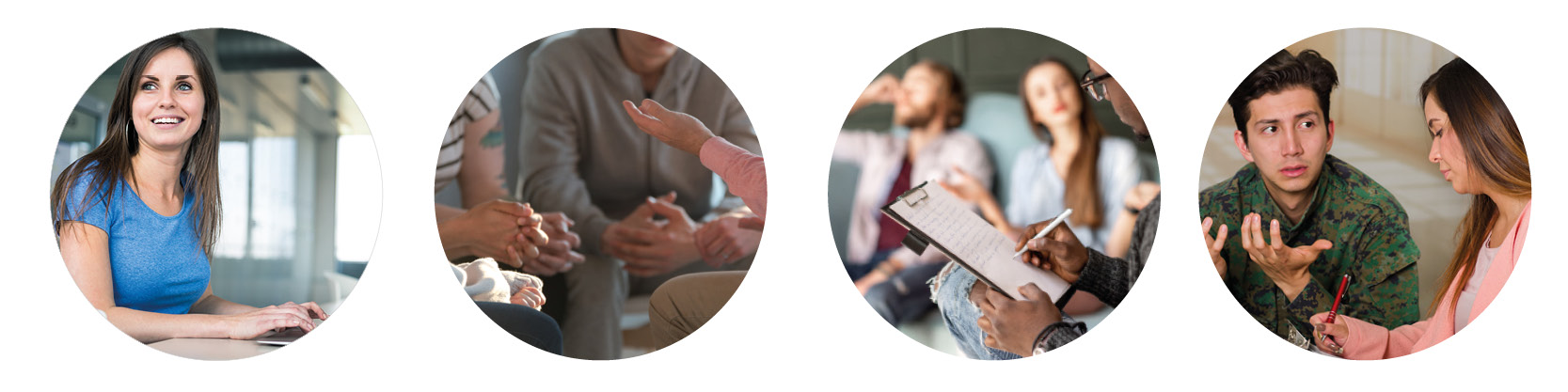 Fyra runda bilder som illustrerar motiverande samtal, från Adobe Stock