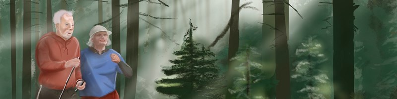 Kunskapsstödsbilden, illustration av ett äldre par som promenerar i skogen